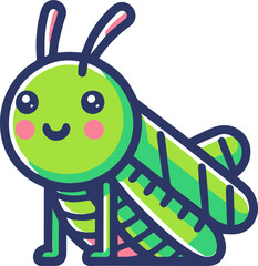 Cute cartoon illustration of a green grasshopper with big eyes and a smile.