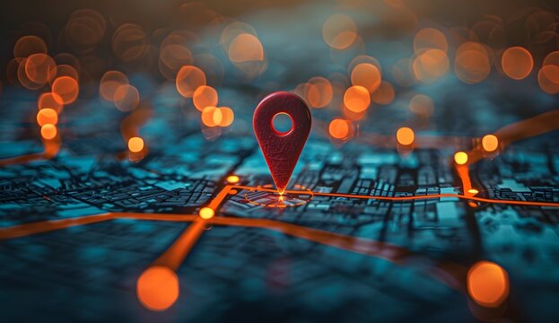 A red pin on the map of an urban city with orange lights, representing travel and local search for location data or maps