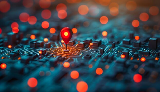 A red pin on the map of an urban city with orange lights, representing travel and local search for location data or maps