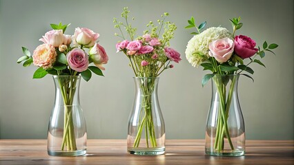 Obraz premium Three elegant glass vases with beautiful flower bouquets, showcasing transparency and simplicity, glass vases