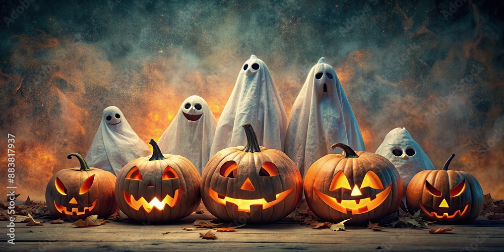 Poster of spooky grunge ghosts surrounding a Halloween pumpkin, ghosts, Halloween, pumpkin, spooky, grunge,scary, haunted