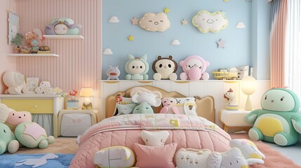 bedroom filled with adorable animated stuffed animals in pastel colors  AI generated illustration
