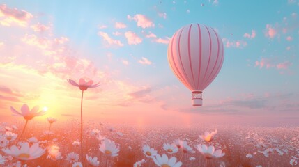 Obraz premium hot air balloon going over a field of daisies in the pastel sky AI generated illustration