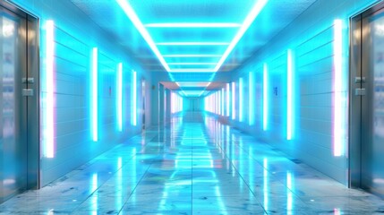 Obraz premium Futuristic Corridor in Tokyo Showcases Neon Lighting and High-Tech Design Amidst Modern Japanese Architecture