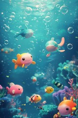 Fototapeta premium underwater scene with cute sea creatures and bubbles AI generated illustration