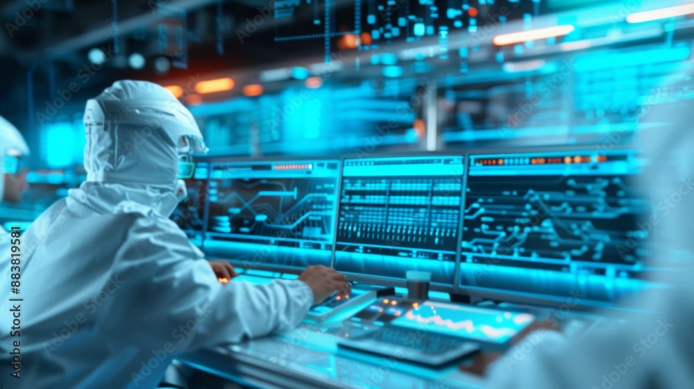 Poster diverse team of it professionals engaged in data analysis in a futuristic, high-tech office environm