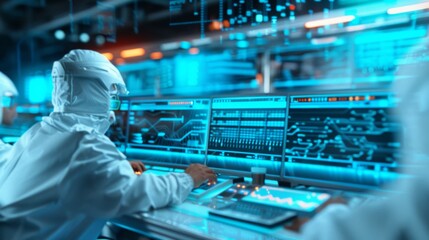 Diverse Team of IT Professionals Engaged in Data Analysis in a Futuristic, High-Tech Office Environment