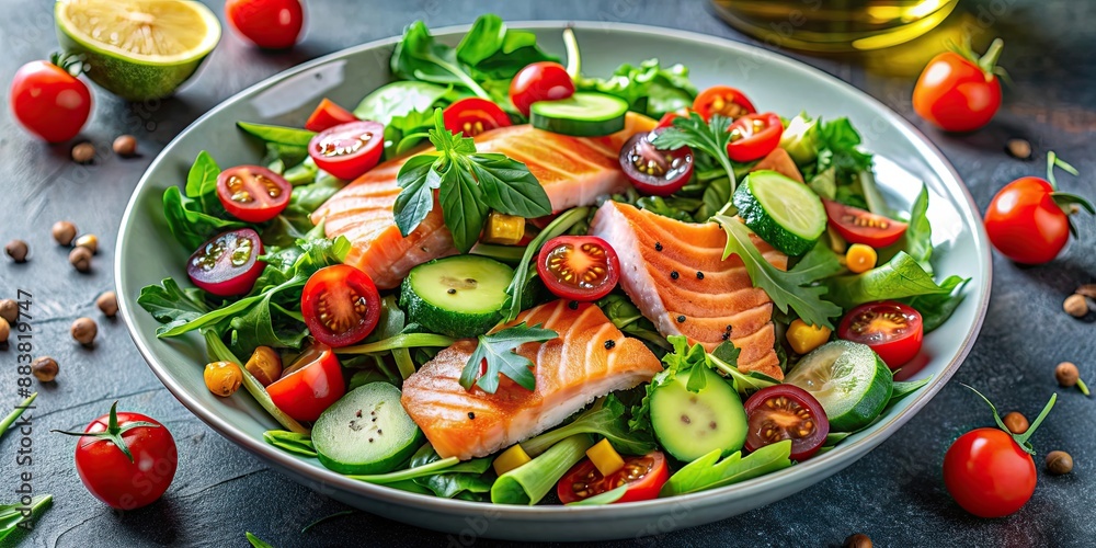 Canvas Prints Fresh and colorful salmon salad with mixed greens, cherry tomatoes, cucumber, and avocado, salmon, salad