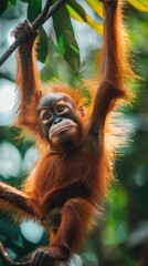 Naklejka premium A young orangutan clings to a tree branch, basking in the bright sunlight that filters through the lush green leaves of a tropical forest