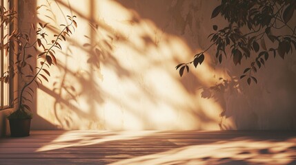 A blank warm room with sun rays casting shadows of leaves AI generated illustration