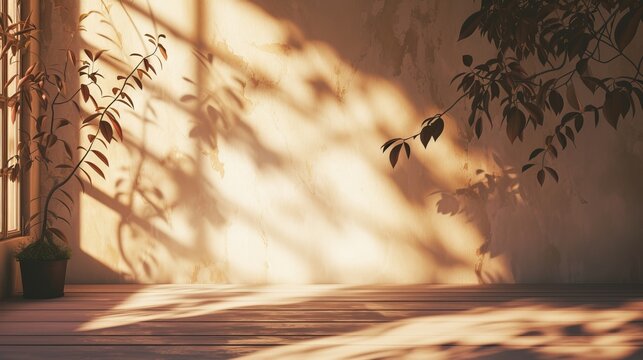 A blank warm room with sun rays casting shadows of leaves  AI generated illustration