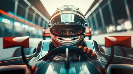 Gordijnen  Formula One race car driver is shown inside the cockpit of his race car © gfx_yasir