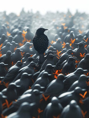 Obraz premium 3D Flat Icon: Unique Bird Among Flock Concept Symbolizing Individuality and Uniqueness in Dreamy Background with Ample Space for Text or Graphics, Isolated on White | Adobe Stock