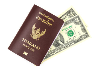 Thai passport and money on white background