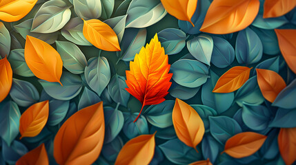 3D Flat Icon: Unique Leaf Among Common Leaves   Symbolizing Uniqueness and Individuality in Whimsical Background on Isolated White   Perfect for Text or Graphics 100 140 character