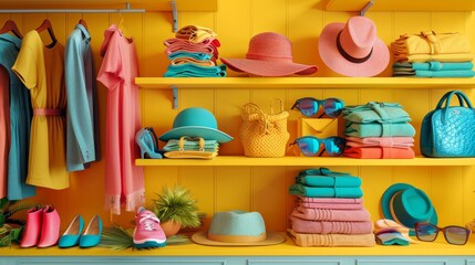 Colorful Fashion clothes set on white background,Garment, accessory, items of men and women wardrobe,Different apparel collection. Modern casual dress, pants, jacket, shoes and bags,3d illustration.