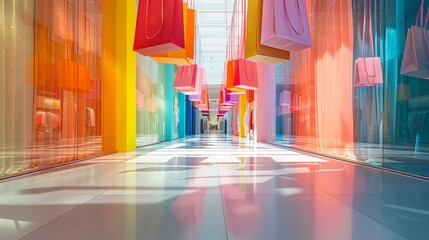 Obraz premium Colorful shopping bags falling on empty shopping mall background,pastel color shopping bag on color background,space for text.
