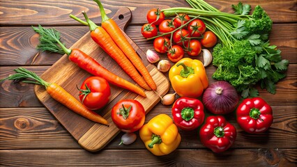 Fresh vegetables like tomatoes, bell peppers, and carrots on a wooden cutting board, fresh, vegetables, tomatoes