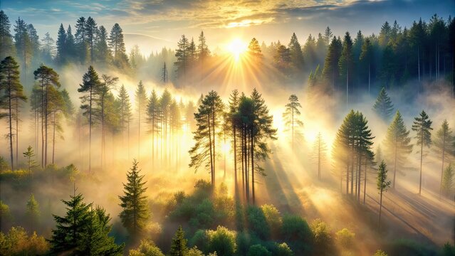 Forest in morning fog with trees glowing in sunlight , forest, morning, fog, sun, trees, haze, light, glowing, rendering