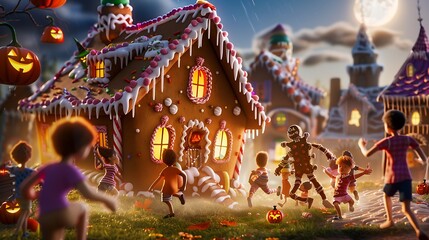 3D Render of Children Running to a Giant Gingerbread House