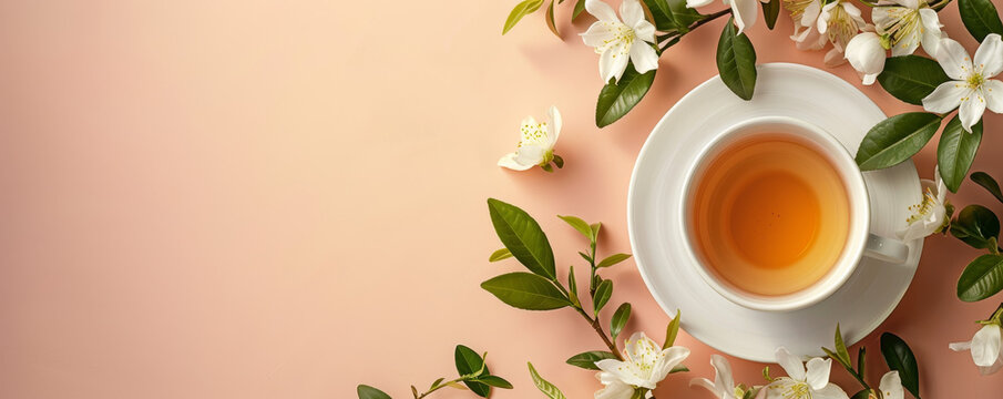 A cup of tea with white flowers and green leaves on a peach colored background. Serene and calming aesthetic for relaxation themes.