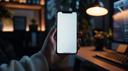 Closeup woman holding using touch mobile phone white screen mockup,Female working in office at night,Laptop in night room,dark light,copy space.