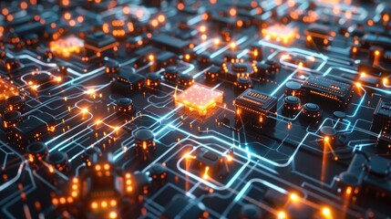 A quantum computer data center with glowing nodes and intricate circuitry