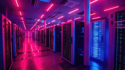 Fototapeta premium A quantum computer processing center with advanced cooling systems and neon light accents