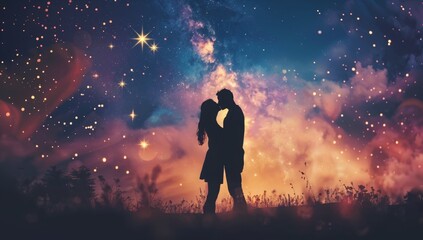 A couple's silhouettes kissing under a starry night sky, with a bokeh effect, advertising a romantic Valentine's Day getaway, Free space for text Valentine's Day concept