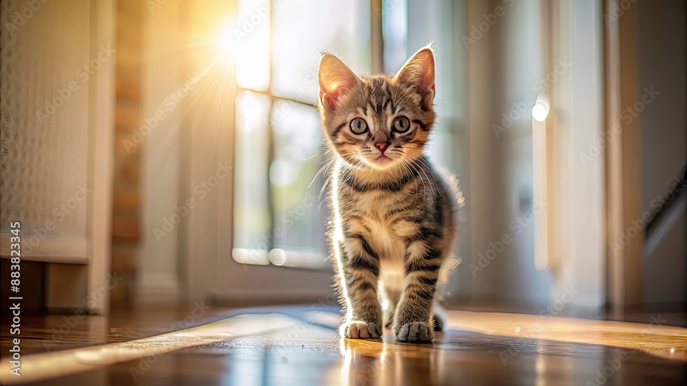 Sticker Curious kitten exploring a sunlit room, kitten, exploring, curious, sunlit, room, playful, pet, animal, cat, indoor