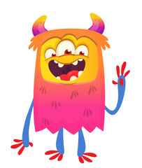 Cartoon cute monster with funny excited face expression with three eyes waving hands . Vector illustration isolated on white. Halloween design