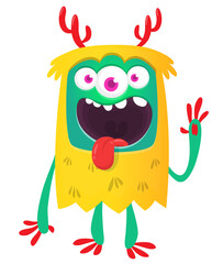 Fototapeta premium Cartoon cute monster with funny excited face expression with three eyes waving hands . Vector illustration isolated on white. Halloween design