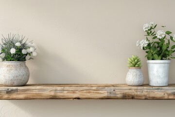 Rustic wooden shelf with exposed beams and plants.