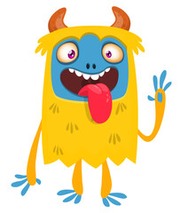 Cartoon happy monster with long tongue sticking out of the mouth.  Vector illustration isolated on white. For Halloween party or package design.