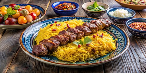Fototapeta premium Traditional Iranian Chelo Kabab dish with grilled meat and saffron rice, Iranian, Chelo Kabab, grilled meat, saffron rice