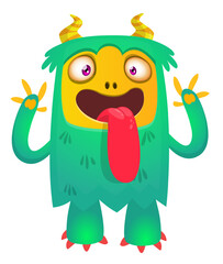 Cartoon happy monster with long tongue sticking out of the mouth.  Vector illustration isolated on white. For Halloween party or package design.