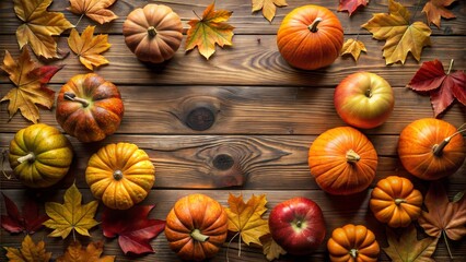 top view pumpkins apples fallen maple leaves lay flat decoration wooden table empty space middle mock up autumn season autumn season