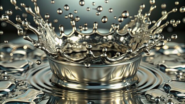 Silver liquid metal splash with dynamic movement and reflections , metal, liquid, silver, splash, fluid, shiny, metallic