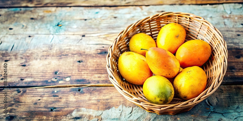 Canvas Prints Fresh yellow mangoes in a rustic wicker basket, tropical, ripe, organic, exotic, juicy, summertime, sweet, delicious, fruit