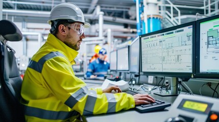 An industrial chemical process control room with operators using digital interfaces to monitor and adjust parameters.