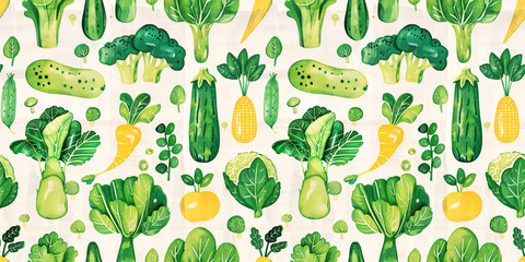 Fototapeta premium Various of fresh salad vegetables in water color drawing with seamless pattern design.white background