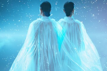 Ethereal Evening: Two Young Asian Women in Futuristic Attire Amidst Ambient Holographic Lighting