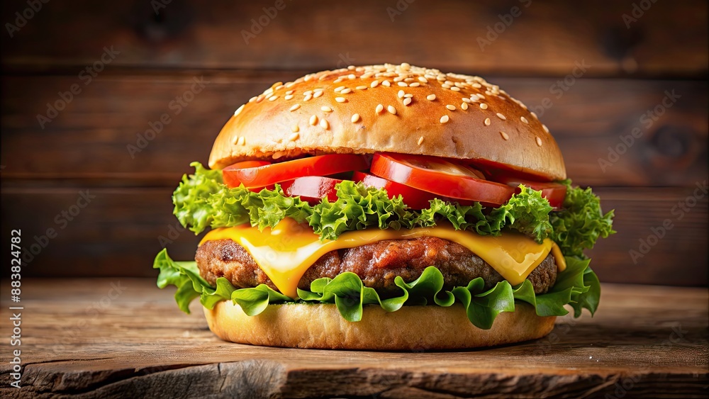 Poster Delicious cheeseburger with melted cheese, lettuce, tomato, and juicy beef patty on a sesame seed bun