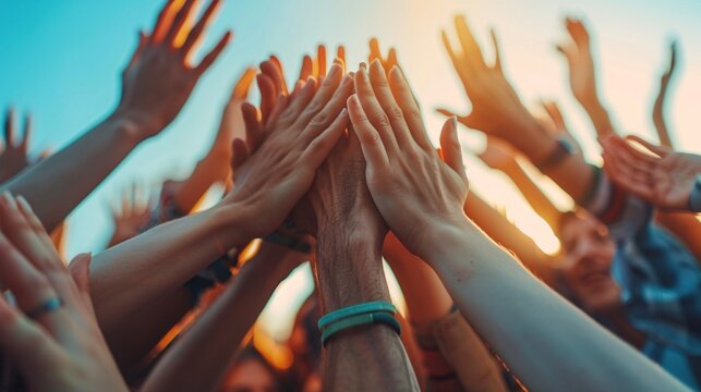 Group of hands raised and coming together in a high-five gesture against a blue sky.