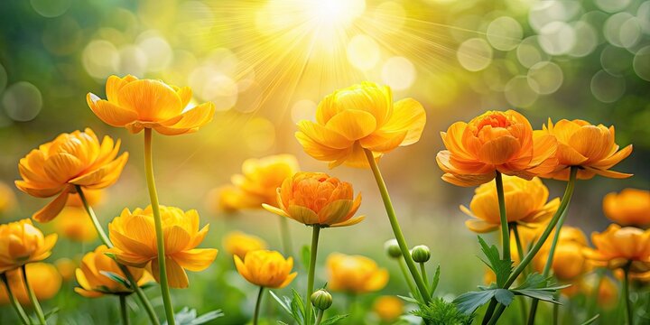 Natural trollius flowers with sunshine bokeh background , trollius, flowers, sunshine, bokeh, background, nature, floral, sunny