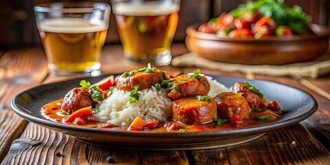Macro shot of homemade kreole rougail saucisse with rice on a wood counter in a pub, kreole, rougail, saucisse, speciality