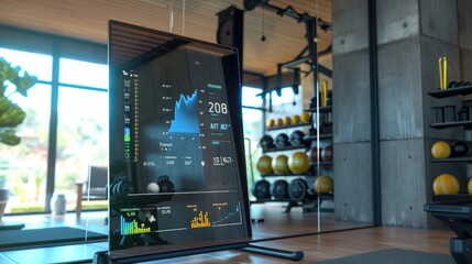 A smart mirror displaying health metrics and personalized workout routines in a home gym setting