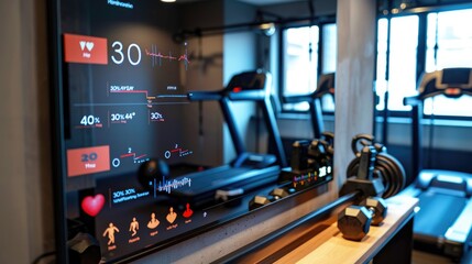 A smart mirror displaying health metrics and personalized workout routines in a home gym setting