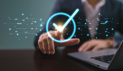 Guarantee approve icon, Quality assurance service concept. Businessman show high quality assurance mark, good service certificate, premium process, five stars, and business excellence check technology