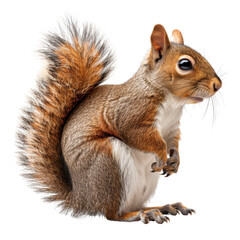 a squirrel standing on hind legs with bushy tail, isolated on white background, transparent background